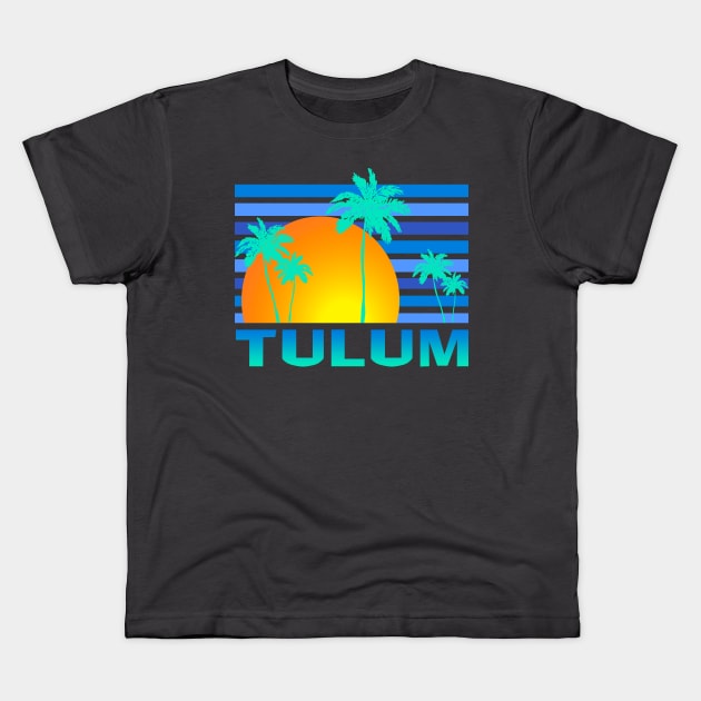 Tulum Mexico Palm Tree Sunset Tropical Vacation Kids T-Shirt by Pine Hill Goods